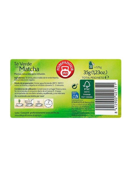 Infusión bolsitas Pompadour® - Té Verde con Matcha - 20 unidades