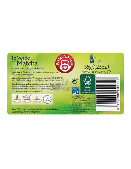 Infusión bolsitas Pompadour® - Té Verde con Matcha - 20 unidades