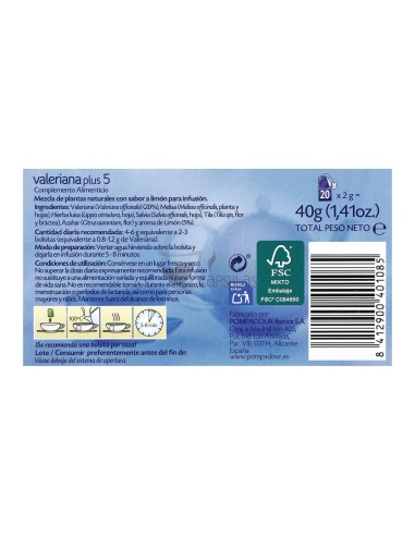 Infusión bolsitas Pompadour® - Valeriana plus5 - 20 unidades