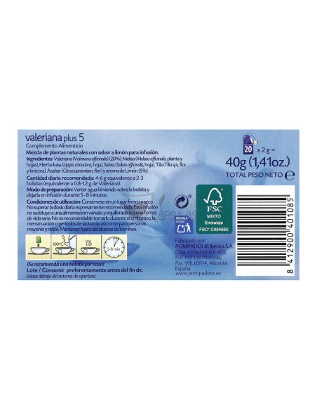 Infusión bolsitas Pompadour® - Valeriana plus5 - 20 unidades