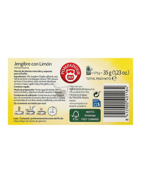 Infusión bolsitas Pompadour® - Jengibre con Limón - 20 unidades