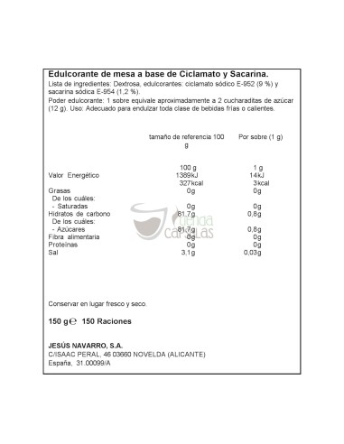 Edulcorante Carmencita - Sacarina - 150 unidades