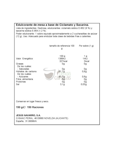 Edulcorante Carmencita - Sacarina - 150 unidades
